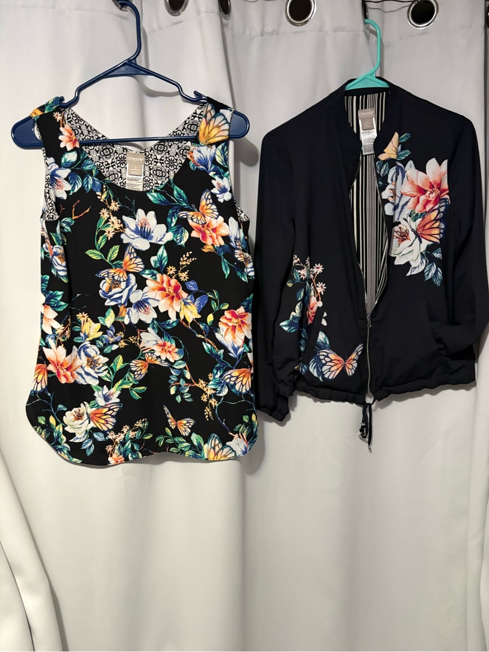 Chico's Black Floral Camisole and Bomber Jacket Set